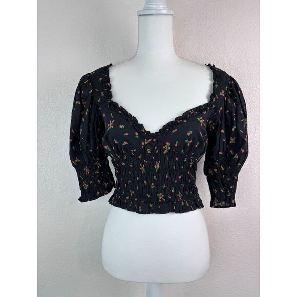 Urban Outfitters women's medium black smocked puff sleeve crop top‎ blouse - Picture 7 of 9